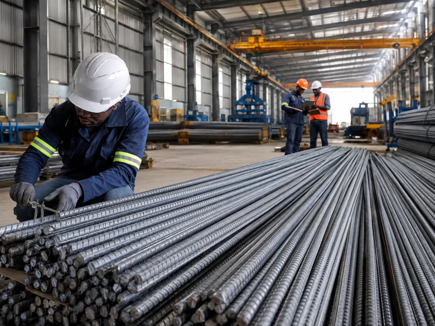 Un technicien contrôle des barres d’acier dans un atelier industriel.