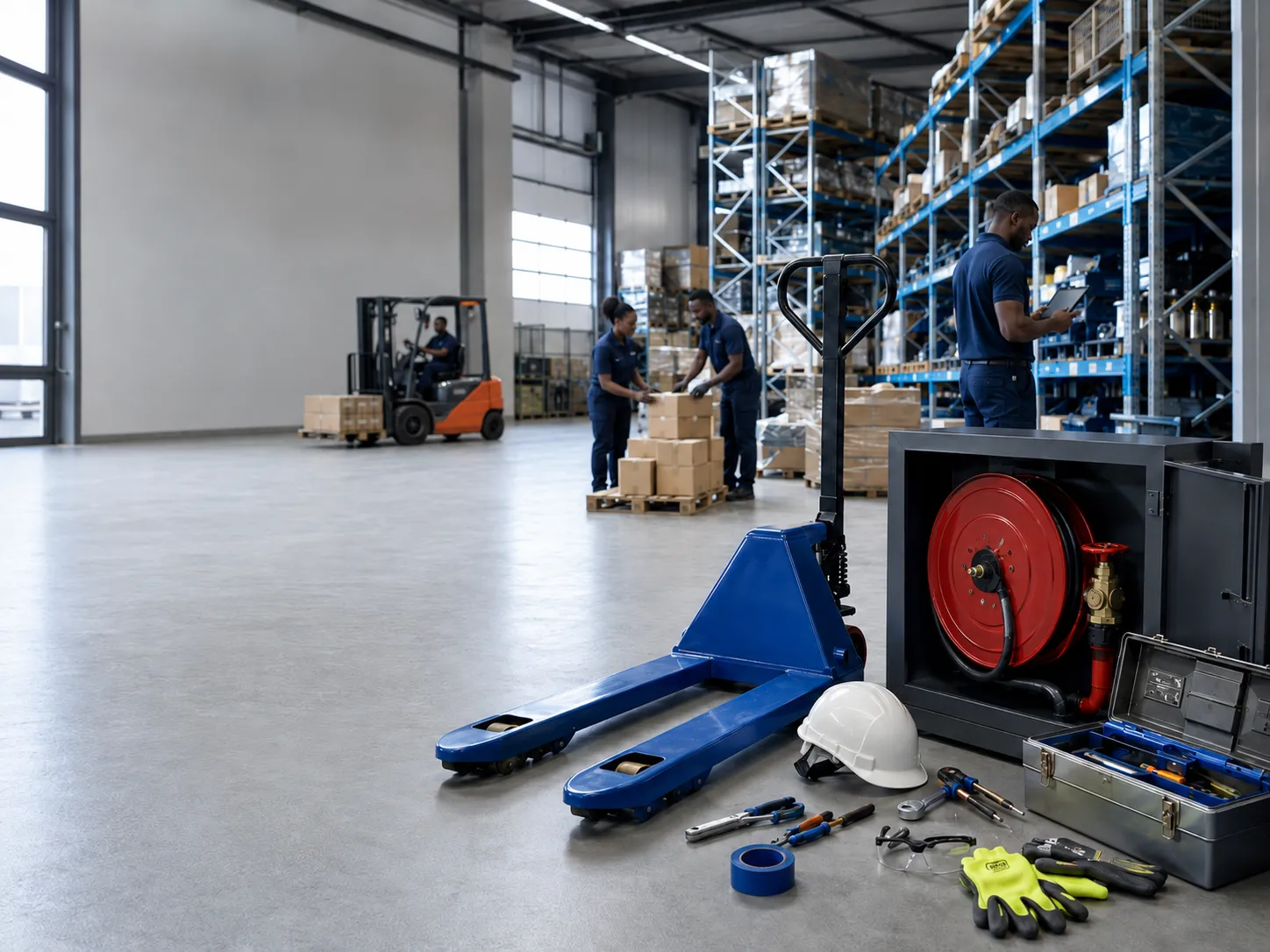 Équipe logistique et équipements professionnels dans un entrepôt industriel.