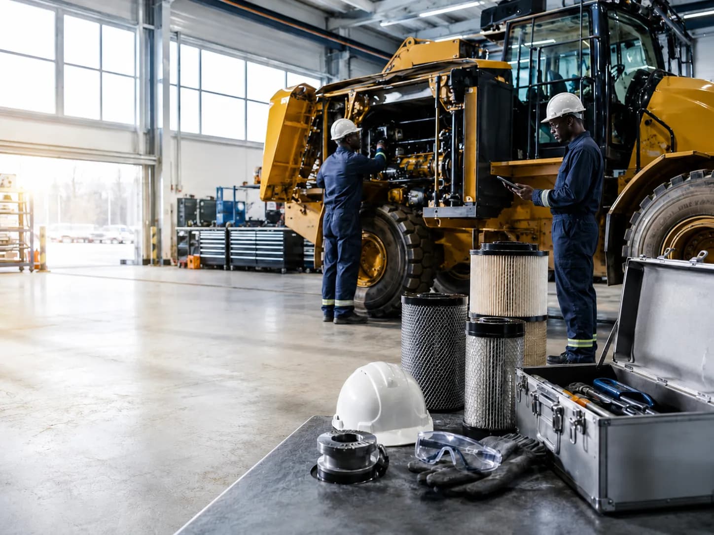 Deux techniciens inspectent un engin de chantier dans un atelier de maintenance.